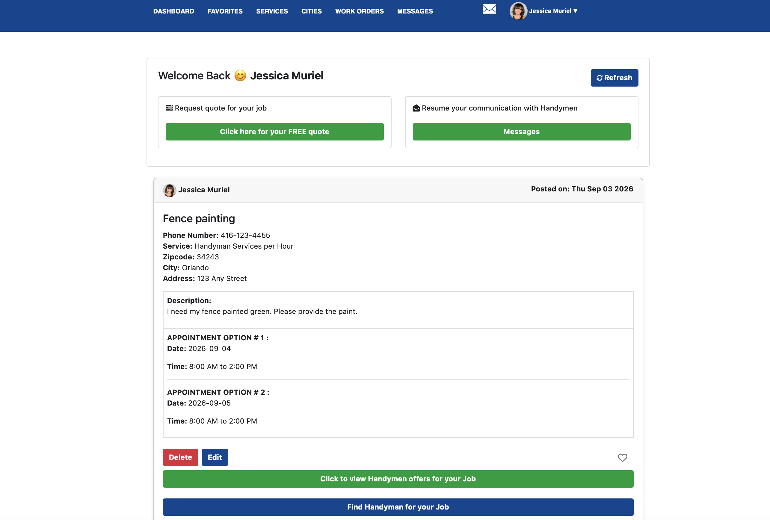 Screenshot: User creating a job on the 81Handyman platform