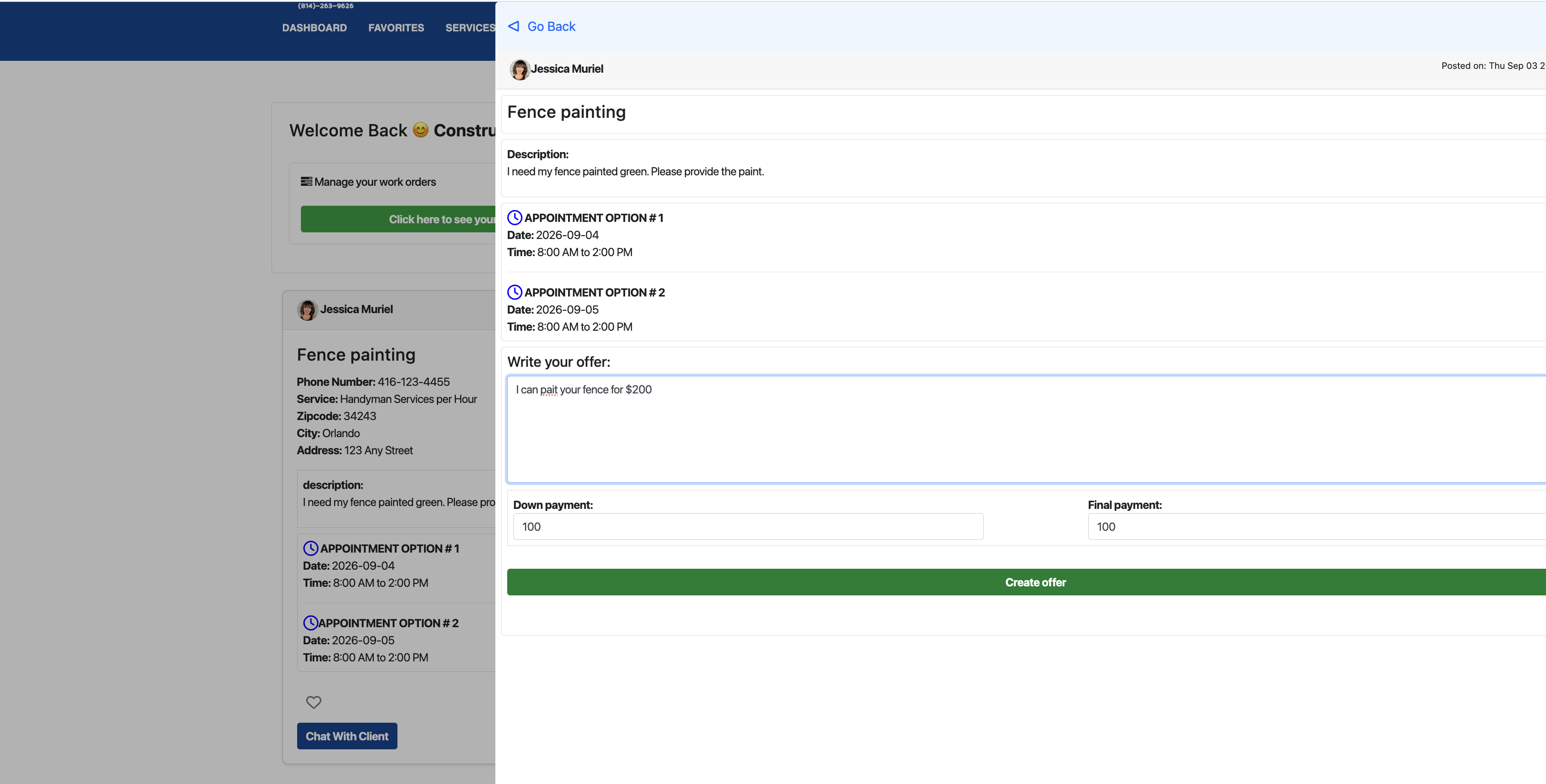 Screenshot: Handyman creating an offer on the 81Handyman platform