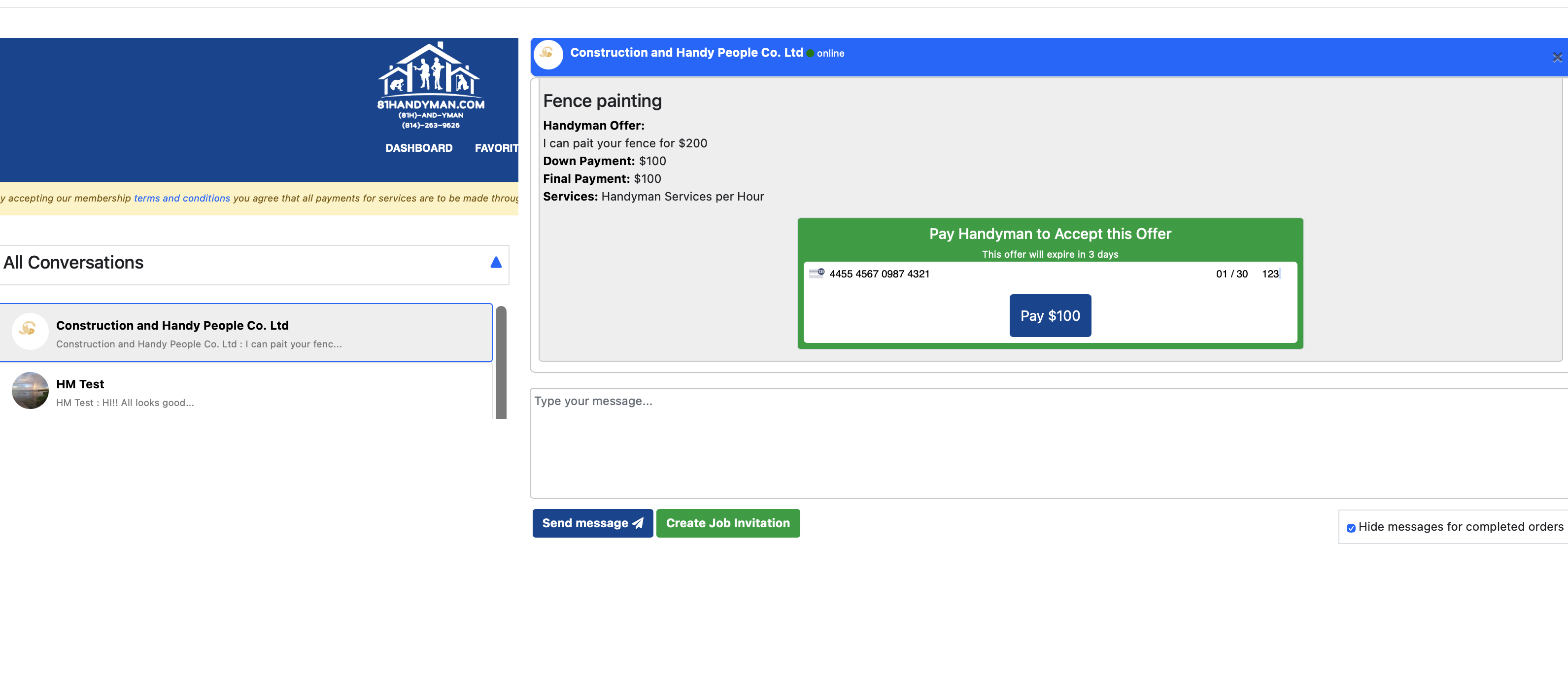 Screenshot: User accepting the offer and paying deposit on the 81Handyman platform