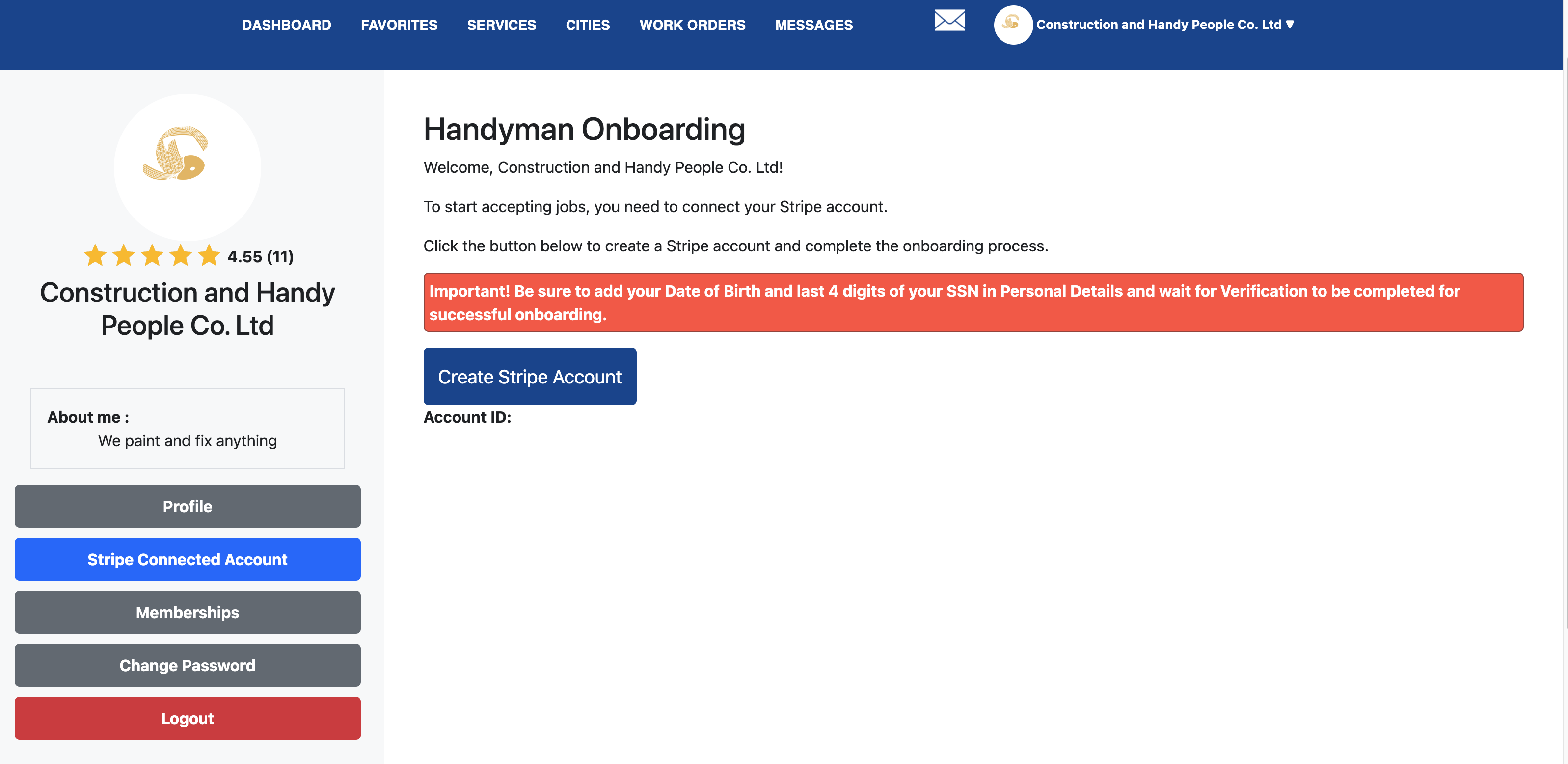 Screenshot: Handyman connecting Stripe on the 81Handyman platform